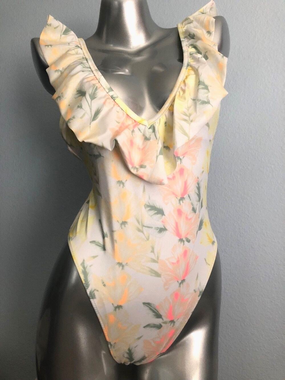 PINK Victoria's Secret White Shine Floral Ruffle Deep V One Piece Swim Suit S